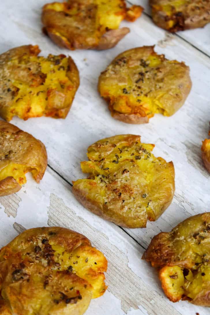 overhead of some air fried smashed potatoes.