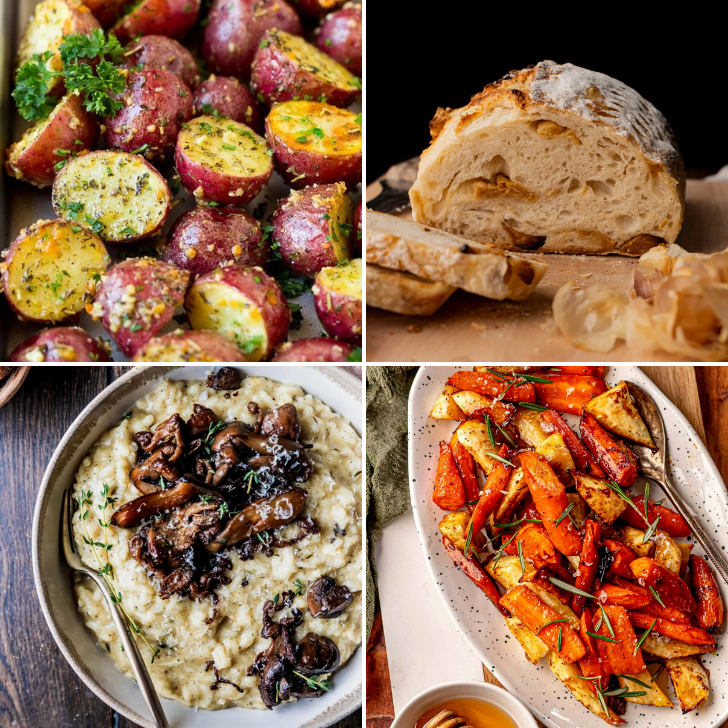 collage of 4 of the recipes from the beef bourguignon side dishes roundup.