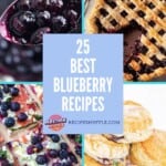 pin of a four image collage with sweet and savory blueberry recipes with text overlay.