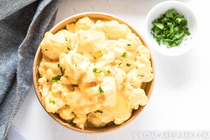 A serving of cauliflower mac and cheese in a bowl.