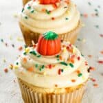 Pin showing fall-decorated cupcakes with text overlay.