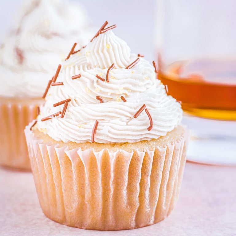 A close-up of a bourbon spice cupcake.