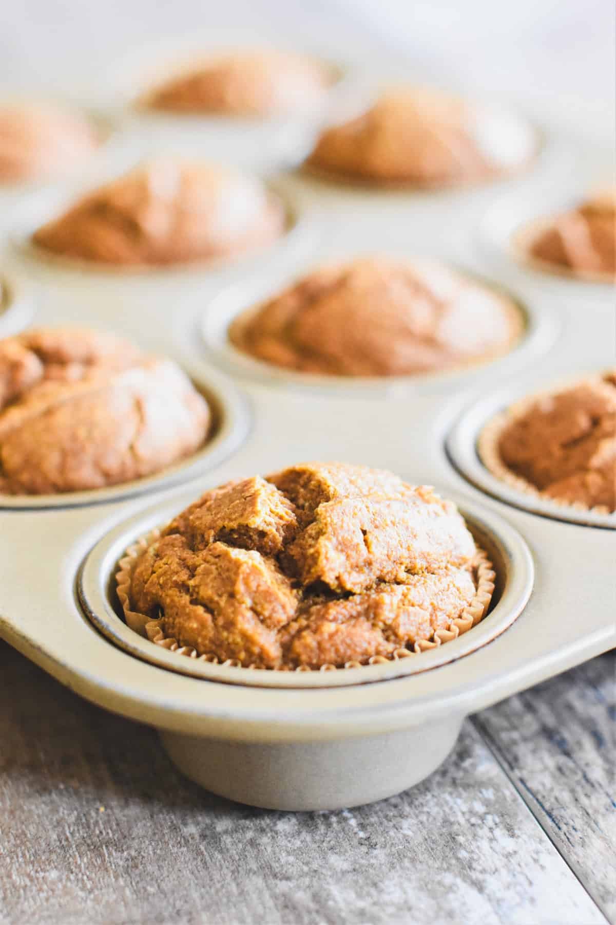 A close-up of a muffin in a muffin tin with the rest blurred out.