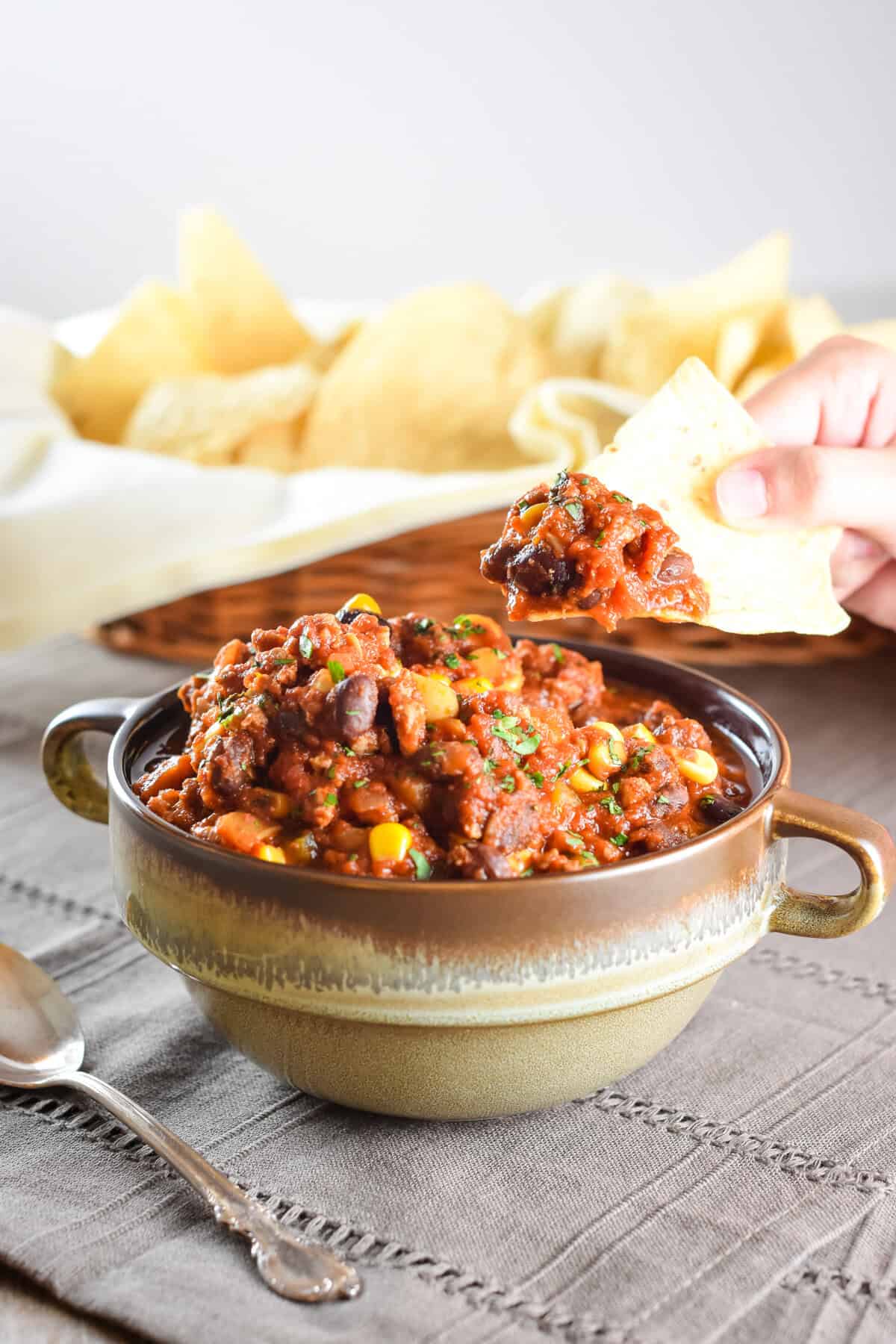 A hand holding a tortilla chip with some chili on it over a bowl with more.