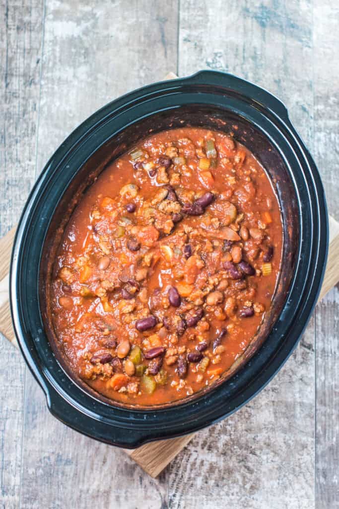 Turkey chili in a crockpot after cooking.