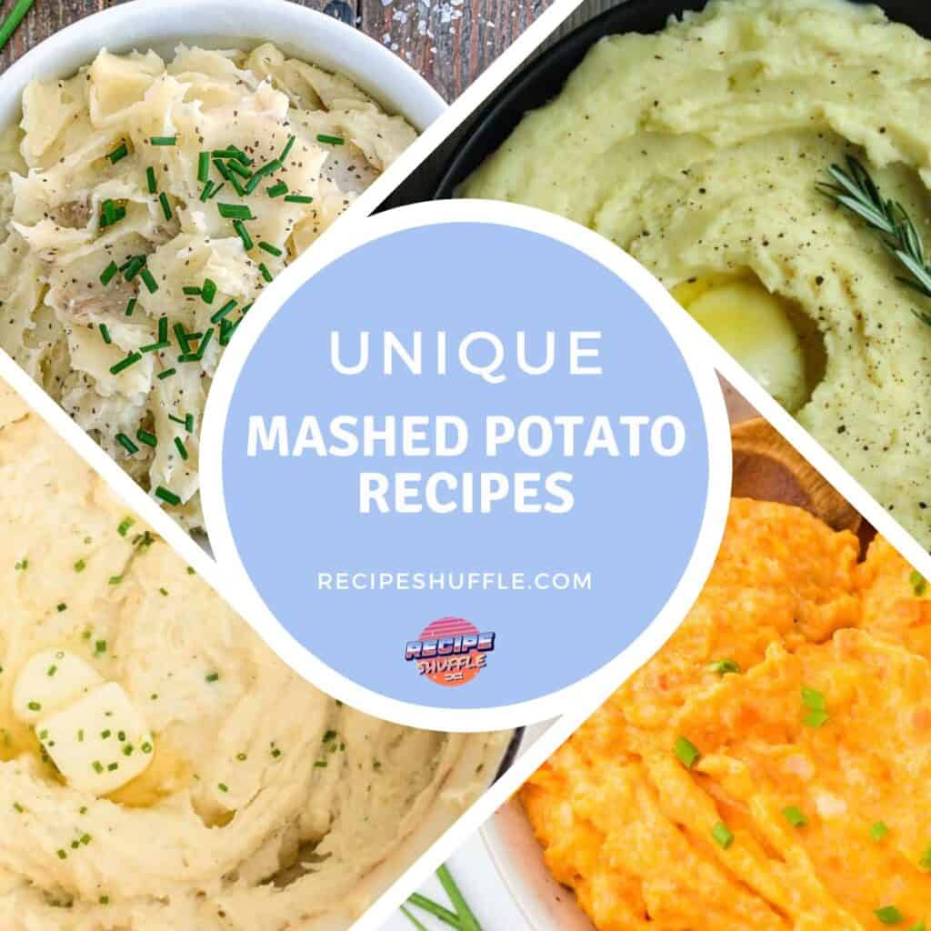 A collage of four images of mashed potatoes with text overlay.