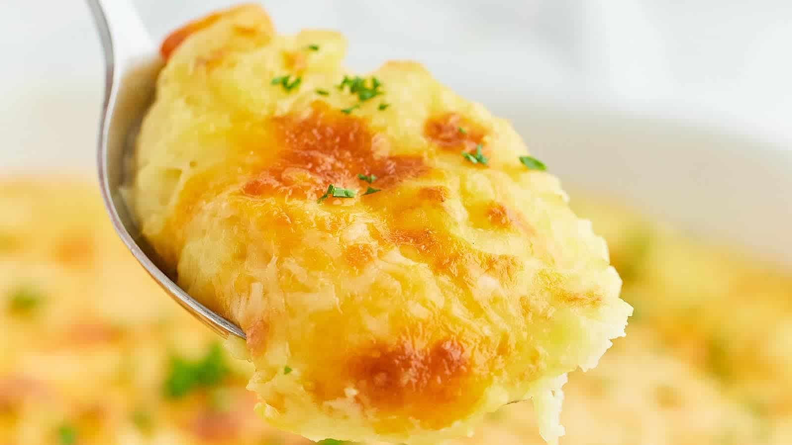 Cheesy mashed potatoes being scooped up on a spoon.