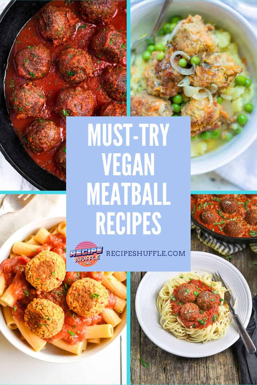 A collage of four images of vegan meatballs with title text overlay.