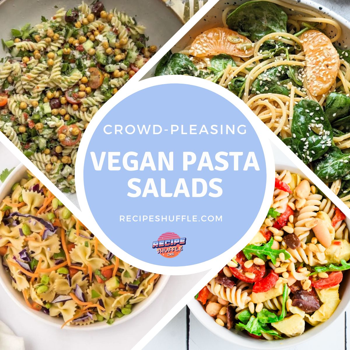 A collage showing 4 images of vegan pasta salad recipes with text overlay.