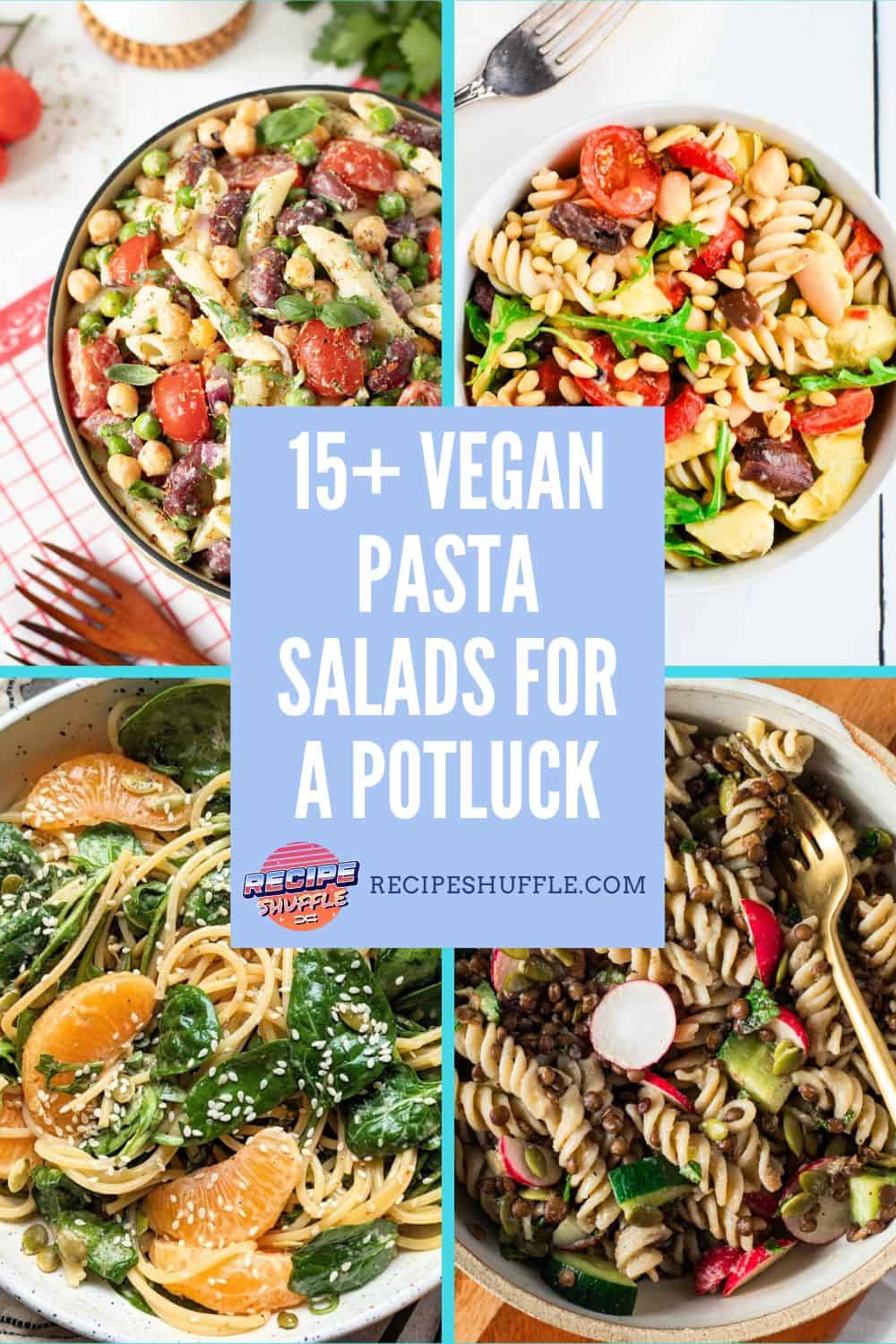 A collage showing 4 images of vegan pasta salads with text overlay.