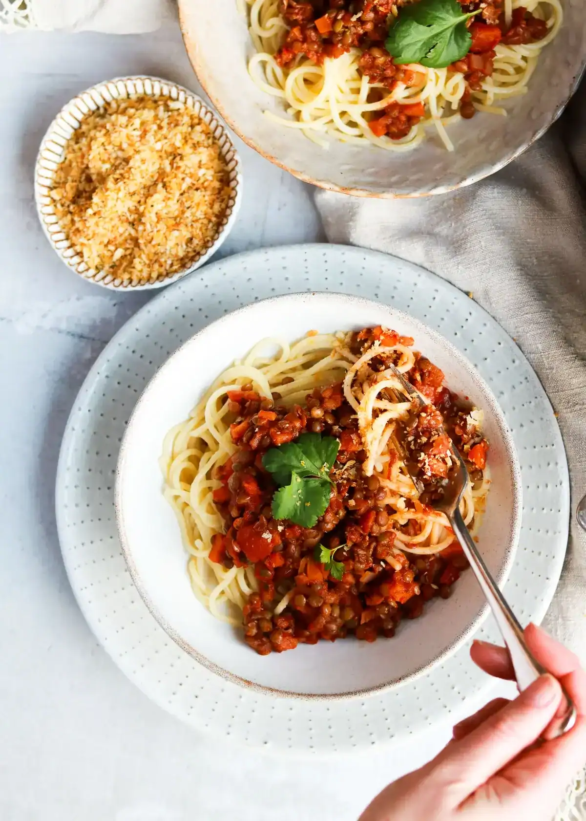 A plate of spaghetti with lentil bolognese and a fork twirling some.