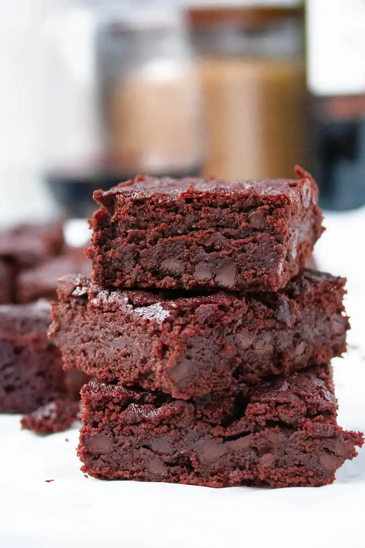 A stack of three red wine brownies.